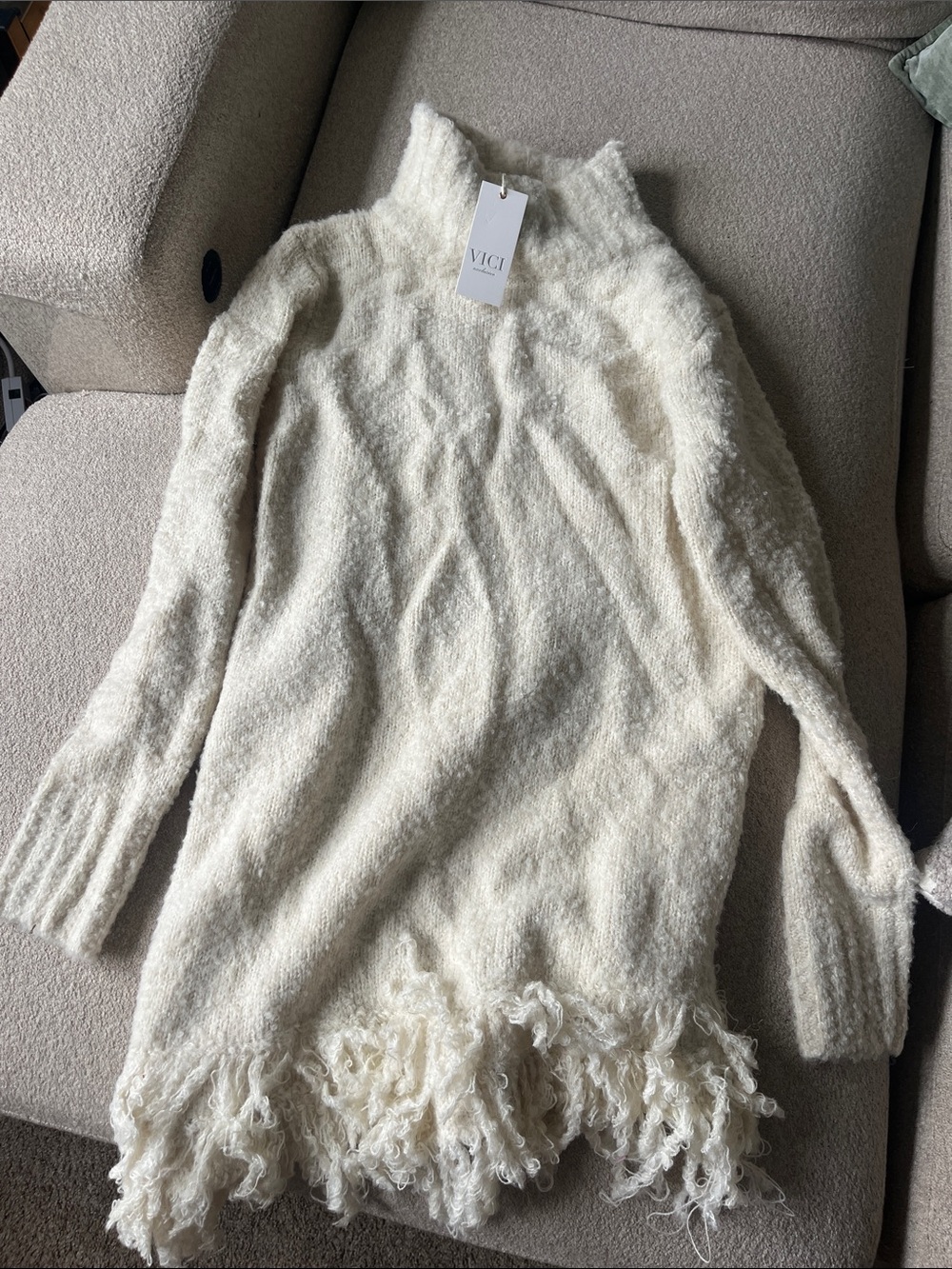 VICI Cream Fringe Turtleneck Sweater Dress